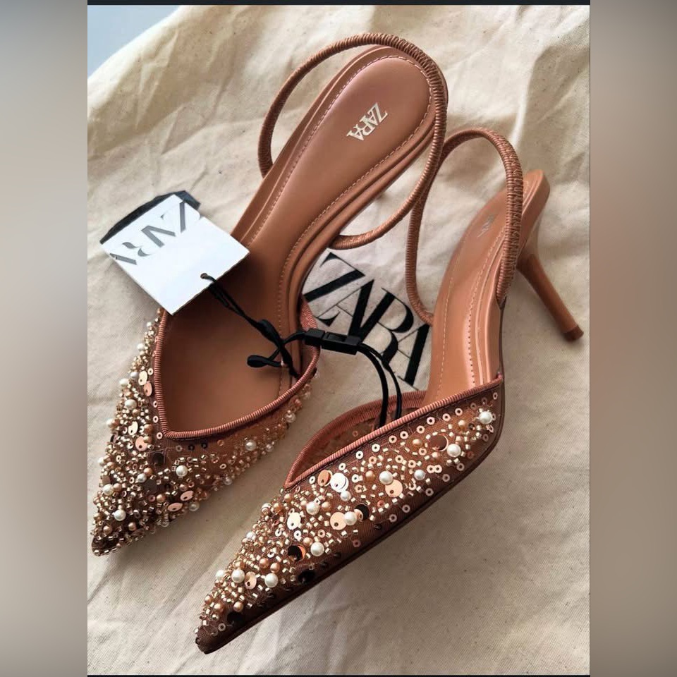 Zara Pearl Beaded Embellished Slingback Pointed Toe Kitten Heels